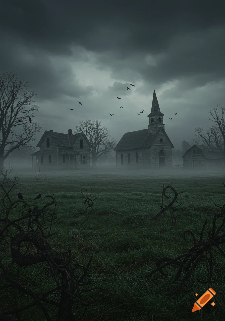 A spooky, foggy landscape with dilapidated wooden buildings, bare trees, and crows under a dark, overcast sky.