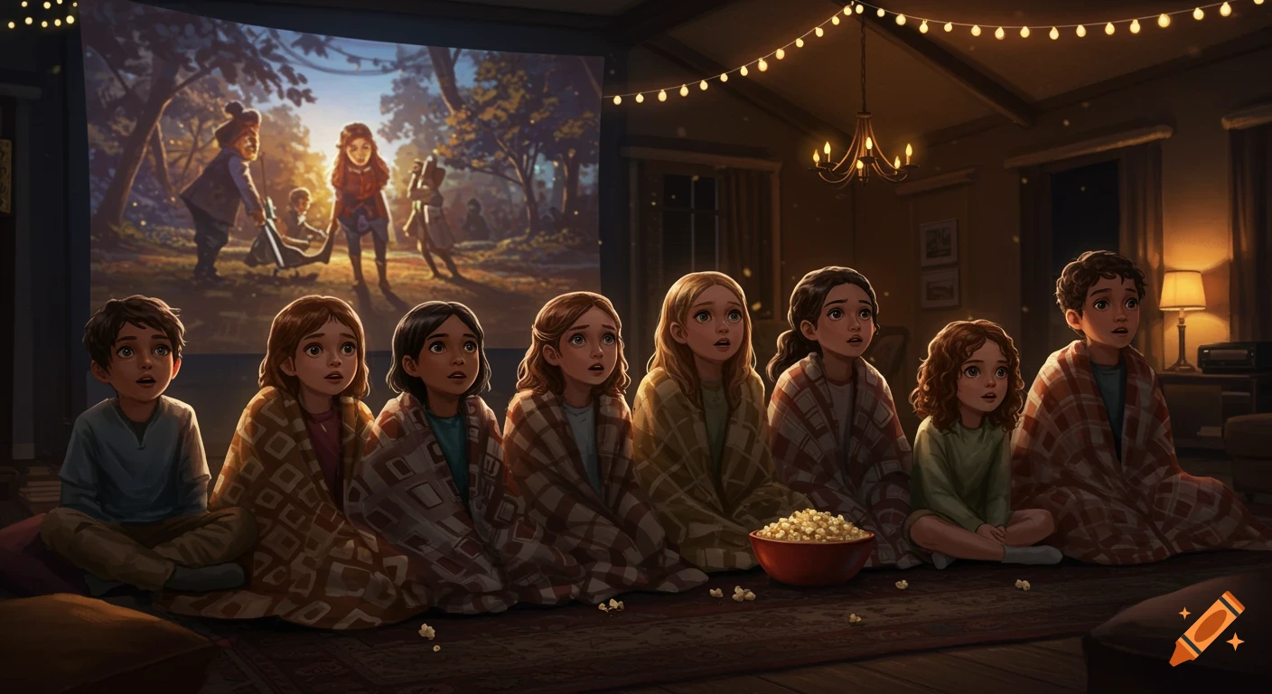 Illustrated scene: children in blankets watch a movie on a projector screen in a dark room with popcorn.