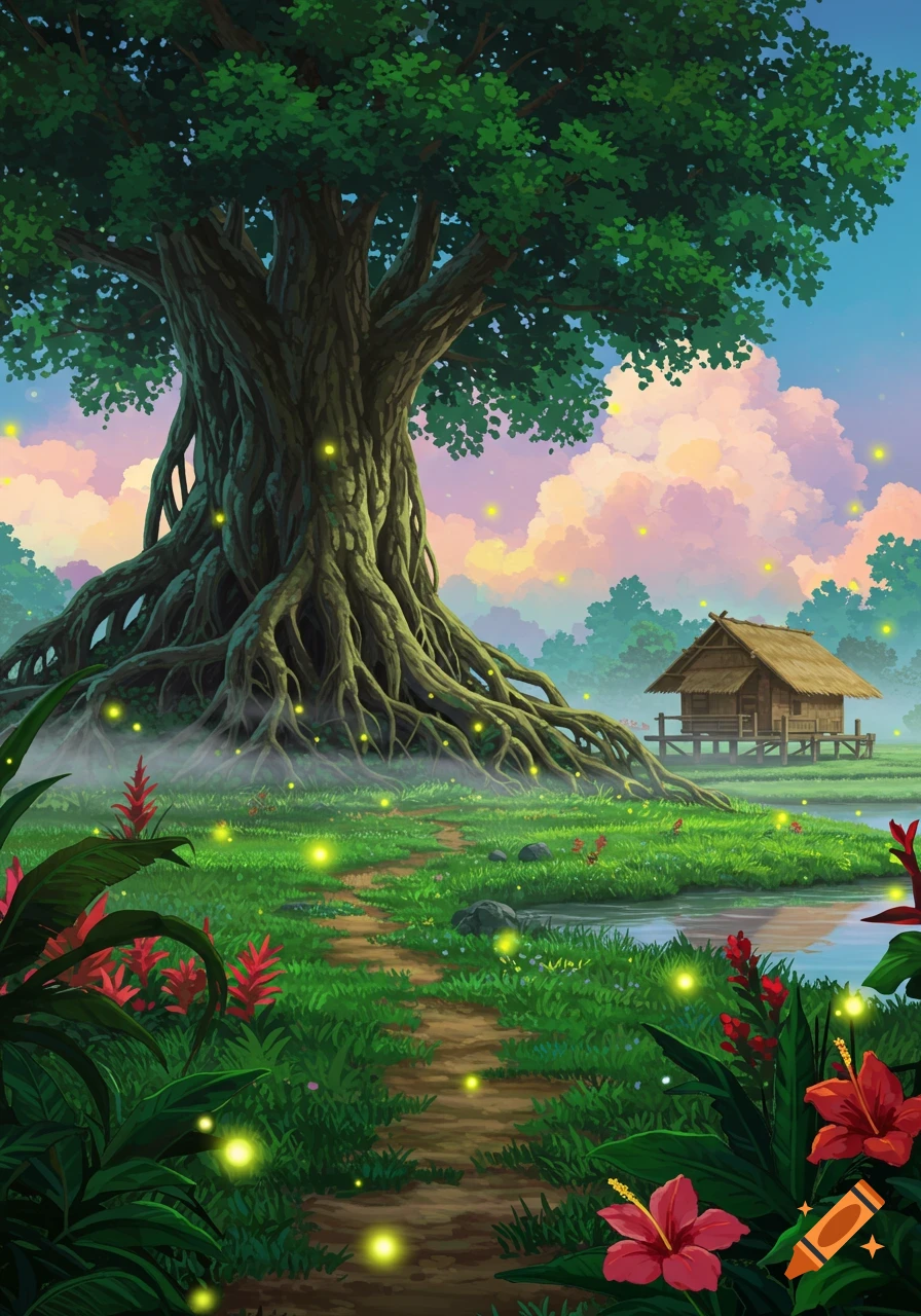 A vibrant anime landscape features a giant tree with tangled roots, a winding path, a stilt hut, and glowing fireflies.