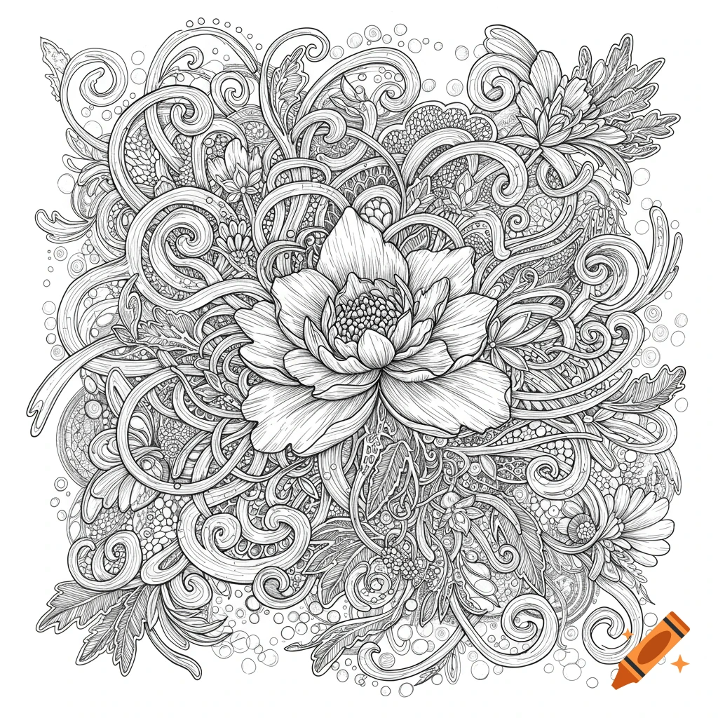 Highly detailed black and white line drawing of a large flower surrounded by intricate swirling botanical patterns.