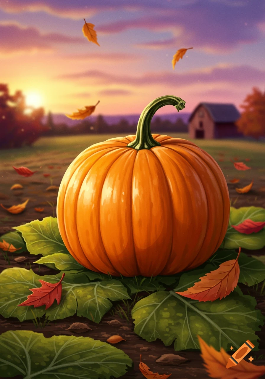 A large orange pumpkin sits on green leaves in a field with falling autumn leaves and a vibrant sunset in the background.