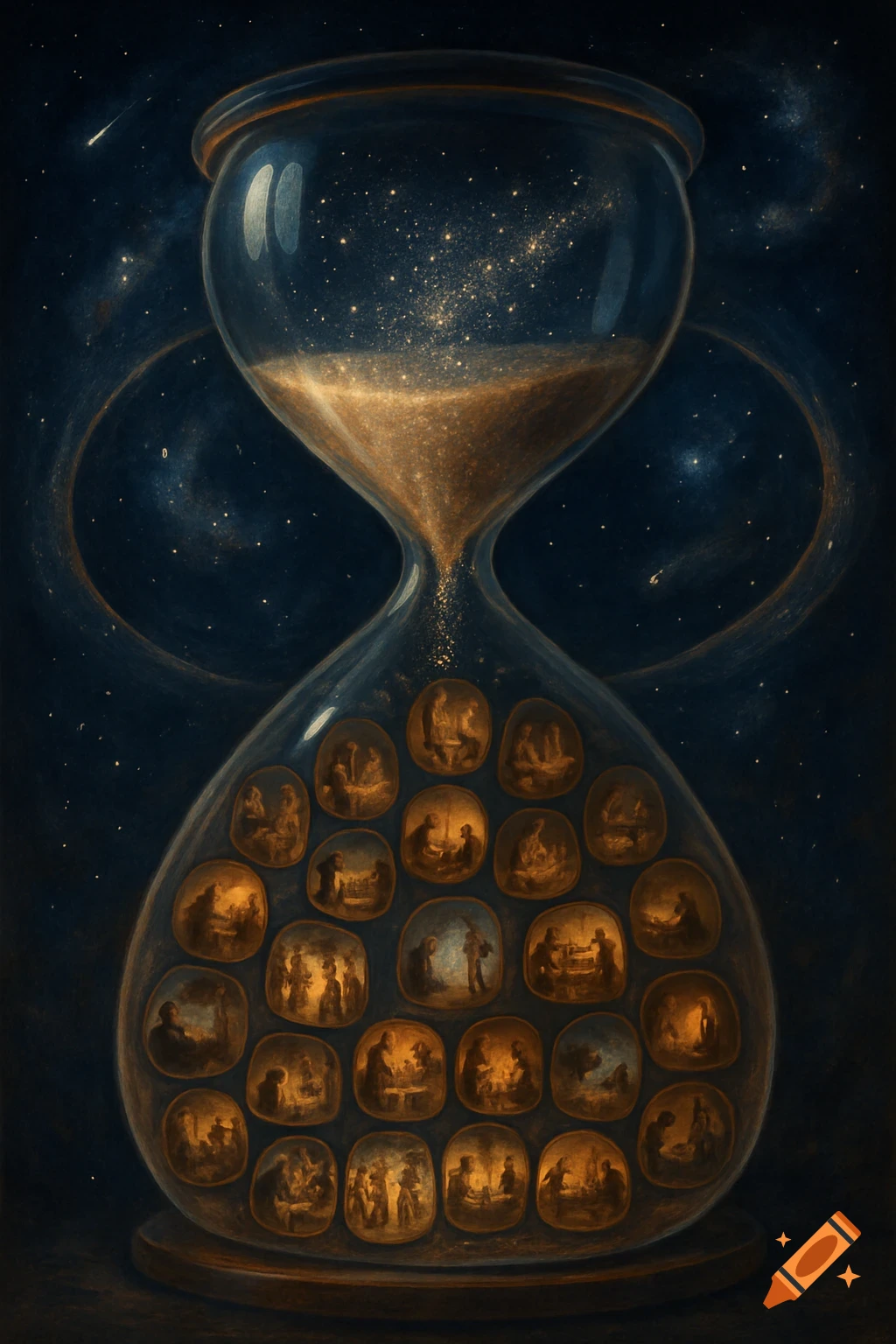 A magical hourglass with golden stardust and glowing vignettes of human lives against a starry night sky.
