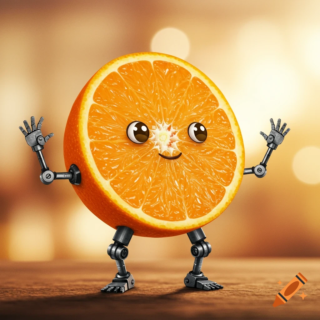 A cute, anthropomorphic orange half with robotic limbs and a smiling face stands on a wooden surface.
