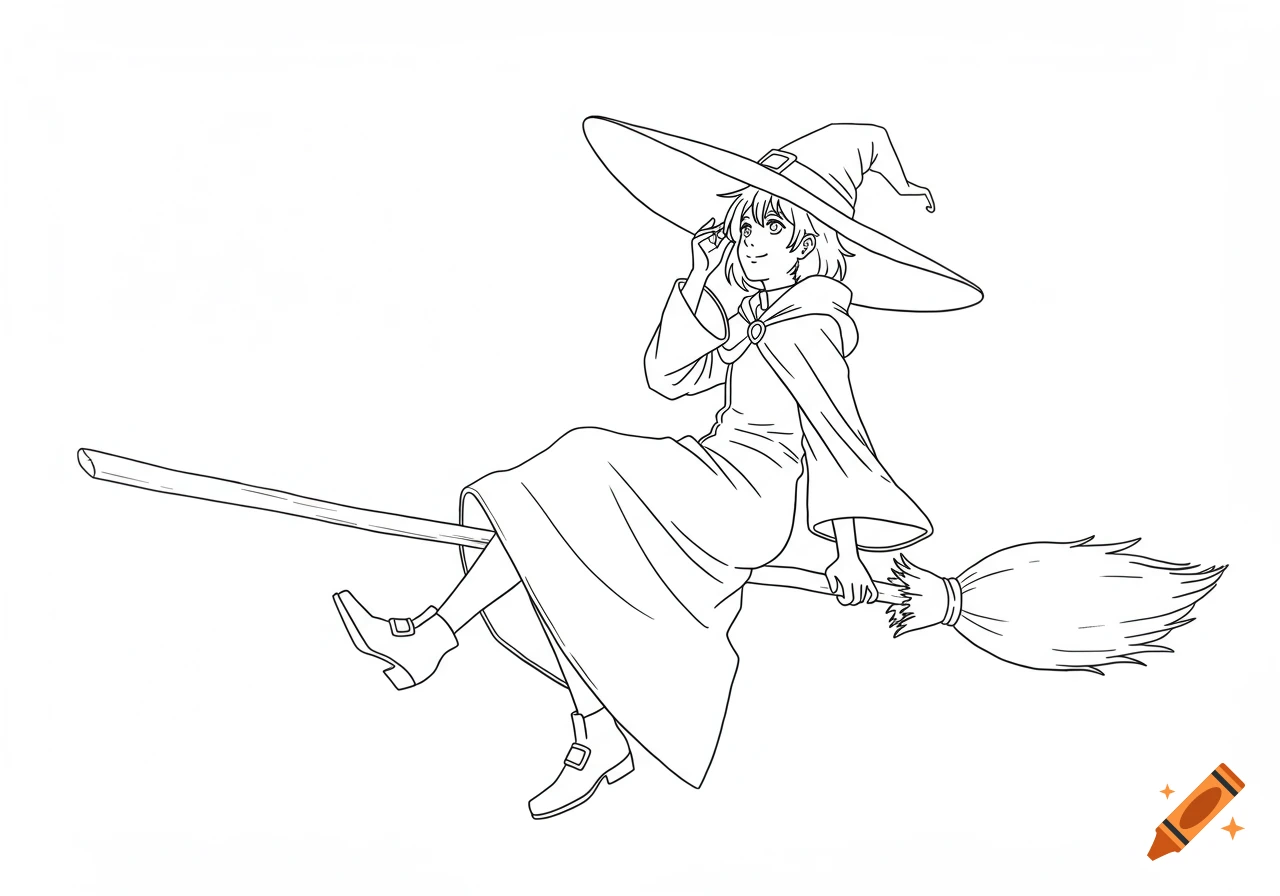 Anime style line art of a witch with an oversized hat sitting on a broomstick, looking up.