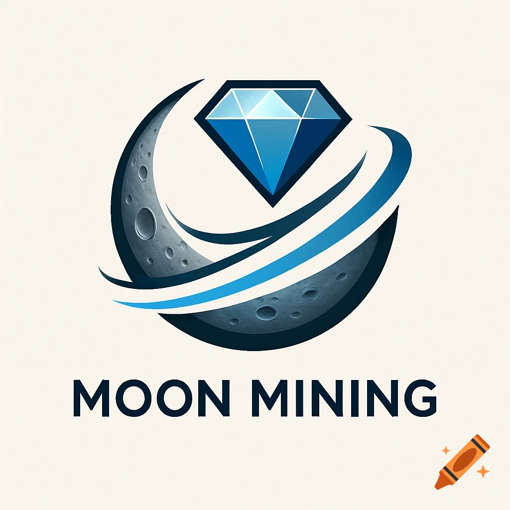 A 2D logo for Moon Mining, featuring a stylized grey crescent moon, a blue diamond, and sweeping blue arcs on a light background.