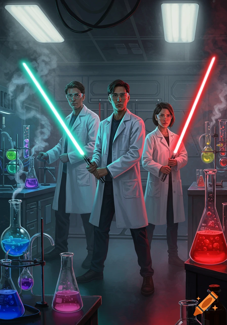 Three chemists in lab coats and safety glasses wield green and red lightsabers in a futuristic lab filled with colorful bubbling chemicals.