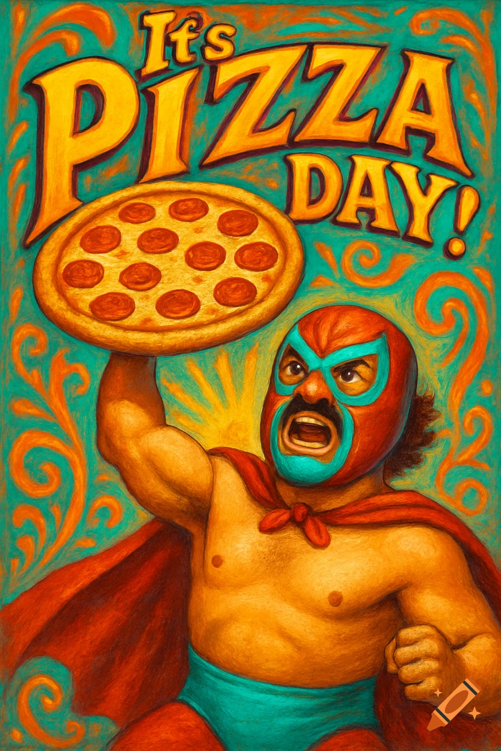 A vibrant poster of a Luchador in a red and teal mask and cape, holding a pizza. Text reads 'It's PIZZA DAY!'.