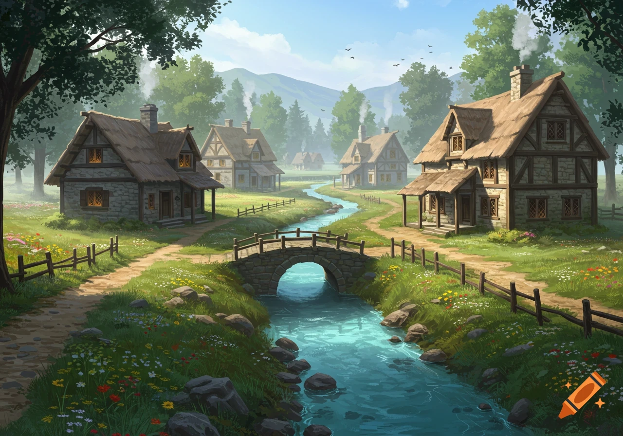 An idyllic, illustrated medieval village with thatched-roof stone houses, a stone bridge over a clear stream, and lush green fields.