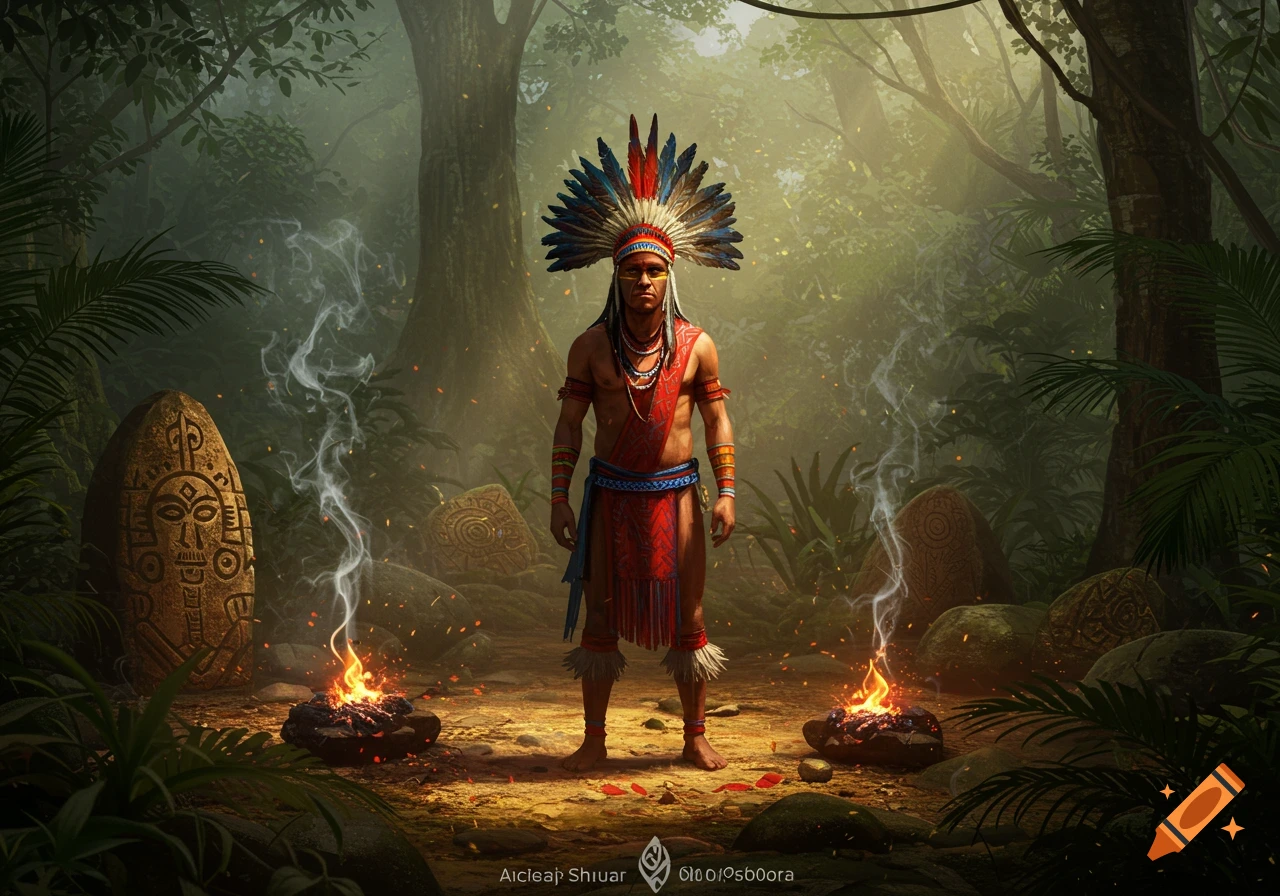 Man in feathered headdress and traditional attire stands in a jungle clearing with fires and carved stones, photorealistic.