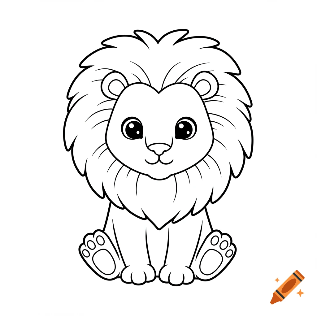 Cute cartoon lion sitting, depicted in black and white line art coloring book style.