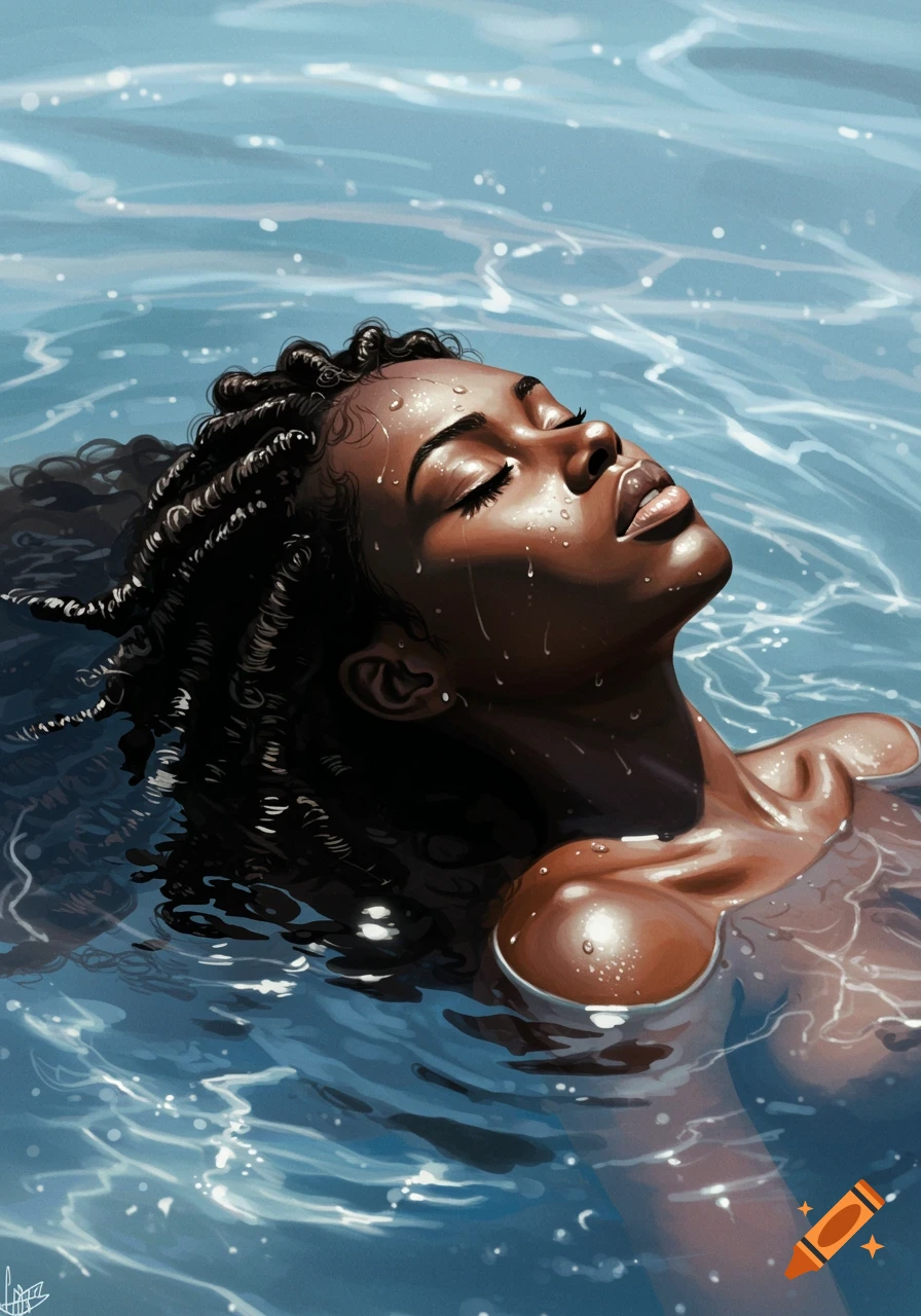 Digital art of a Black woman floating in blue water, eyes closed, head back, water droplets on face and shoulders.