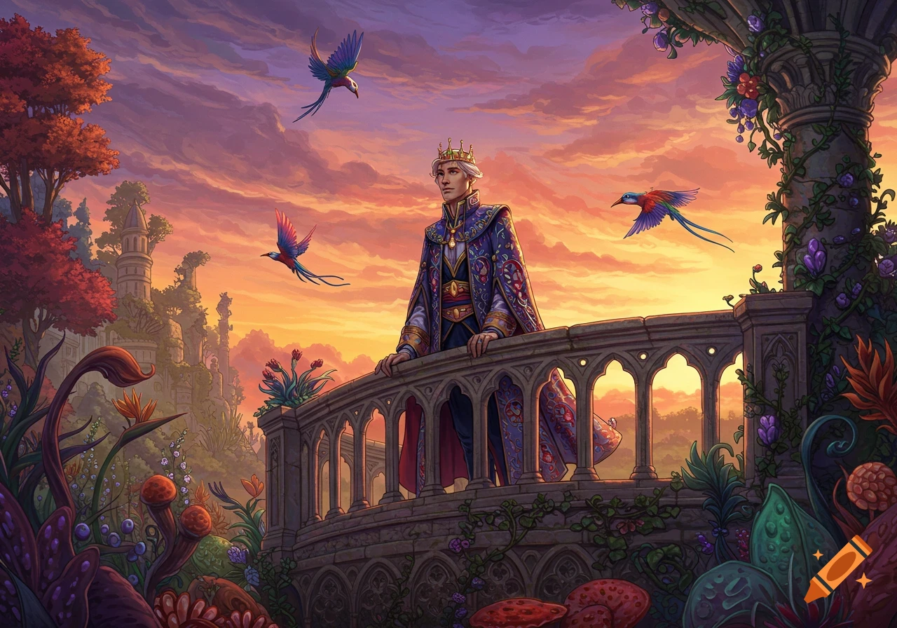 A regal duke in an ornate blue and gold coat stands on a stone balcony, overlooking a vibrant, fantastical sunset landscape with exotic birds.