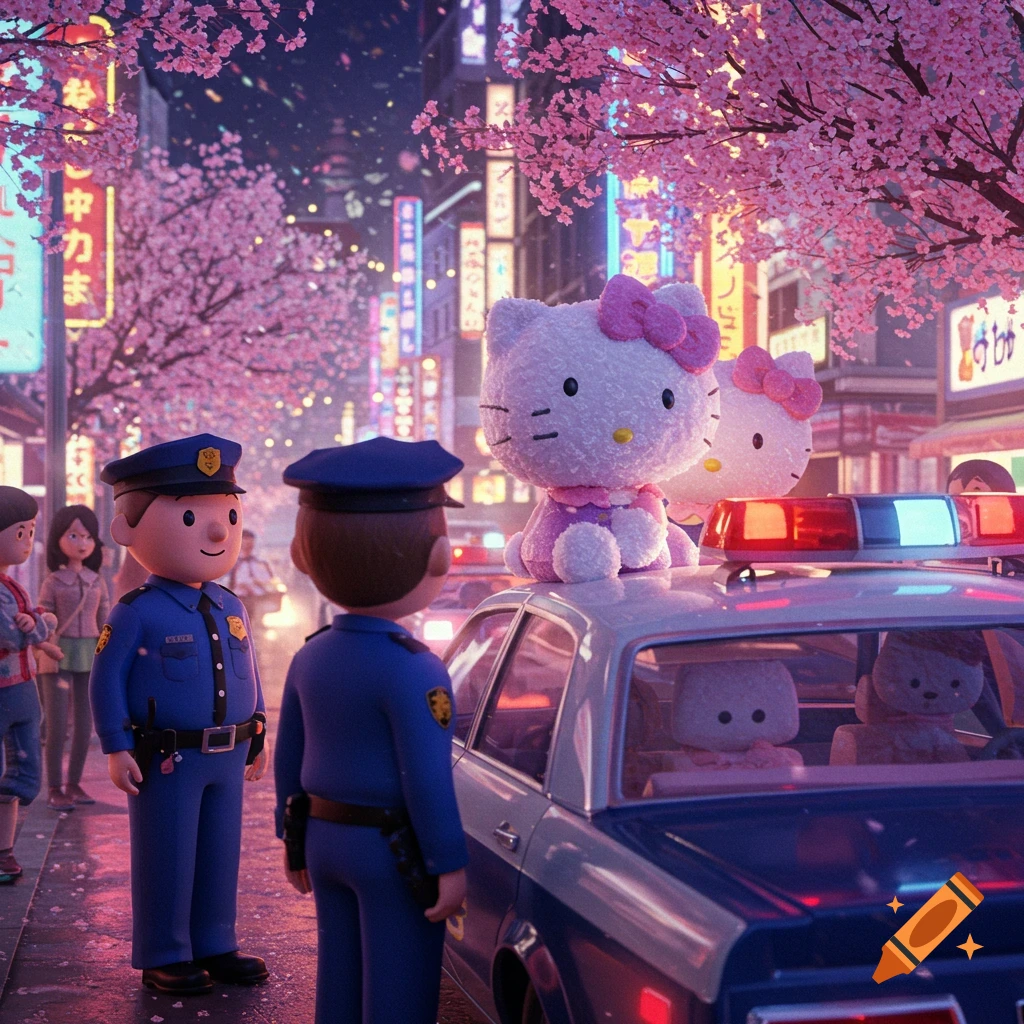 Stylized Hello Kitty atop a police car with officers on a neon-lit Japanese street under cherry blossoms at night.
