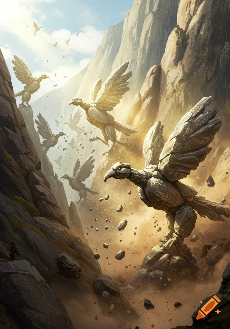 Fantasy art of huge stone birds emerging from a rockslide in a sunlit canyon, with smaller rock birds in the background.