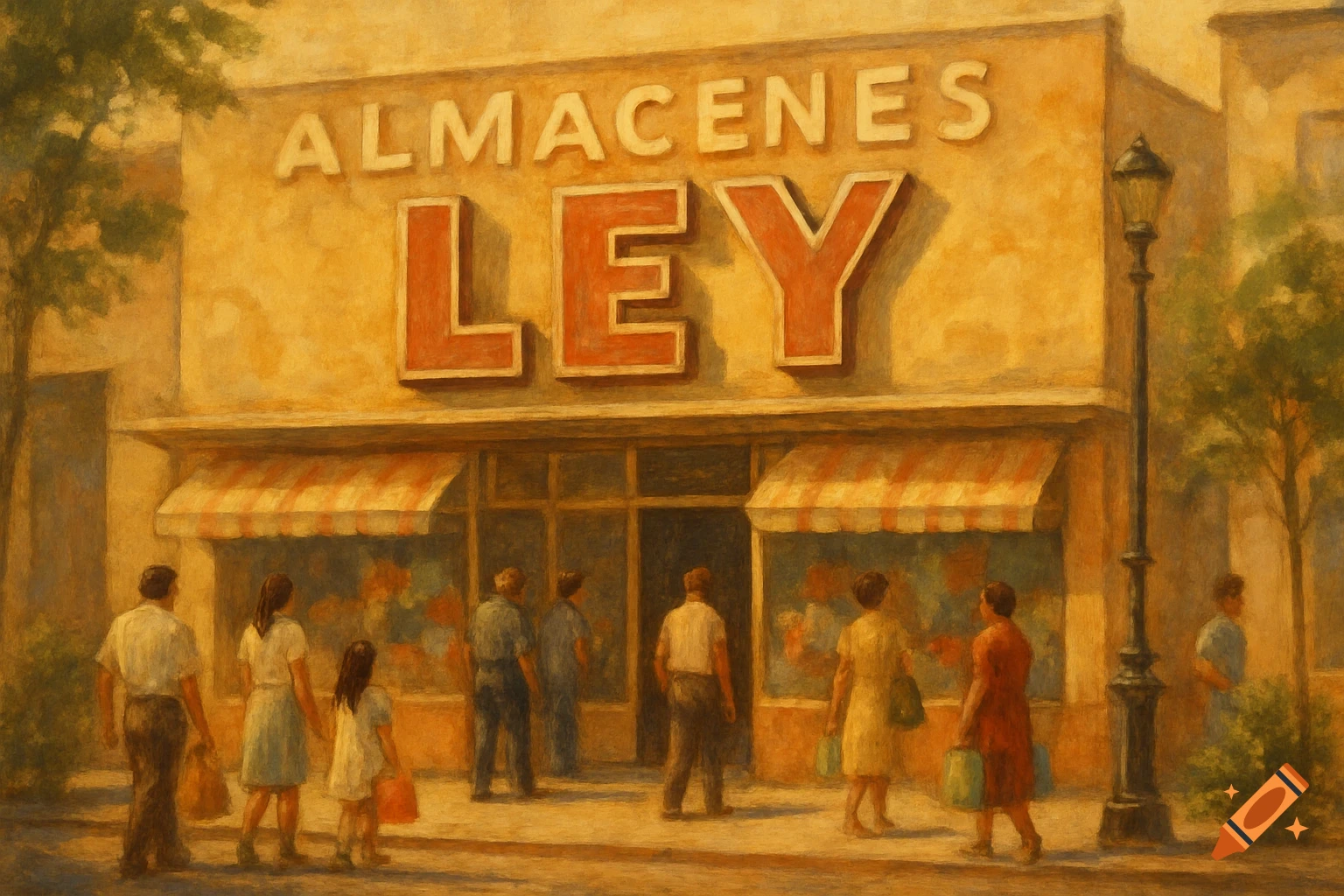 A nostalgic painting of the Almacenes LEY store with people walking on the street outside.