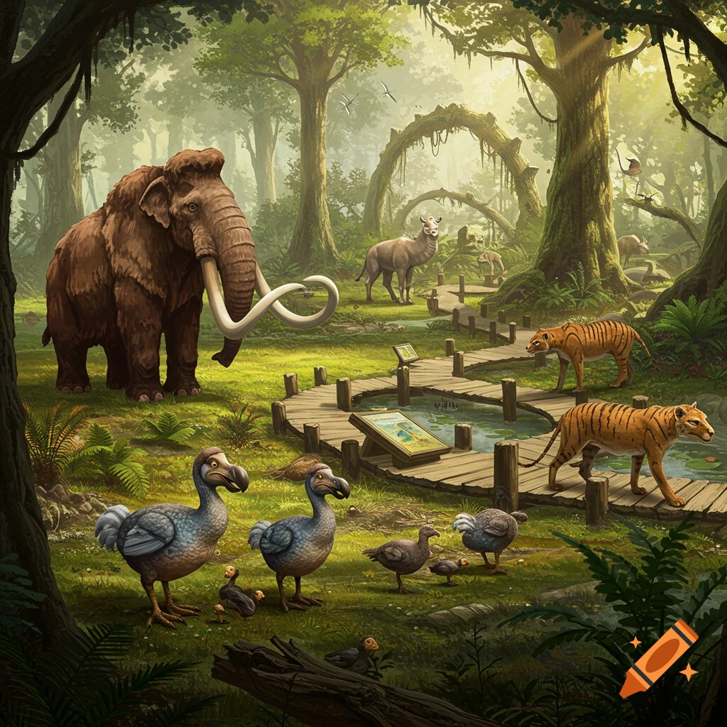 An illustrated scene of various extinct animals including a woolly mammoth, dodos, and Tasmanian tigers in a lush, prehistoric-style zoo.