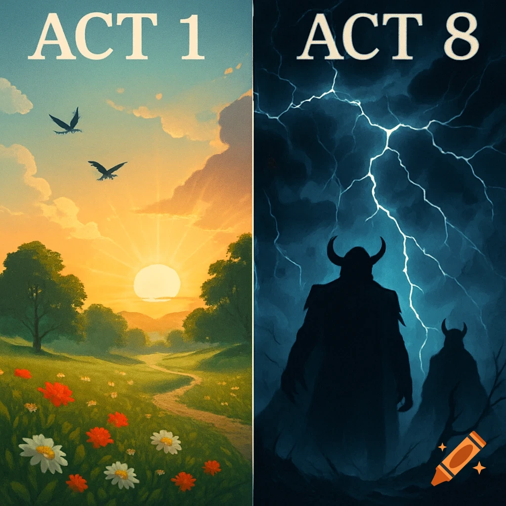 Two vertical panels. Left: 'ACT 1' over a sunny, flowery meadow. Right: 'ACT 8' over dark, stormy lightning with horned figures. Illustration.