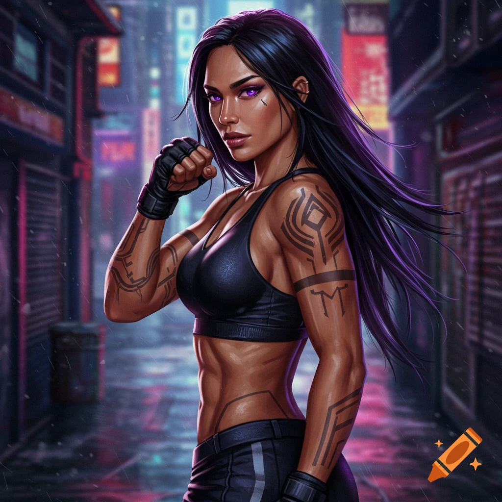 Digital art of a female fighter with purple eyes and tattoos, wearing a sports bra and shorts, posing in a neon-lit cyberpunk alley.