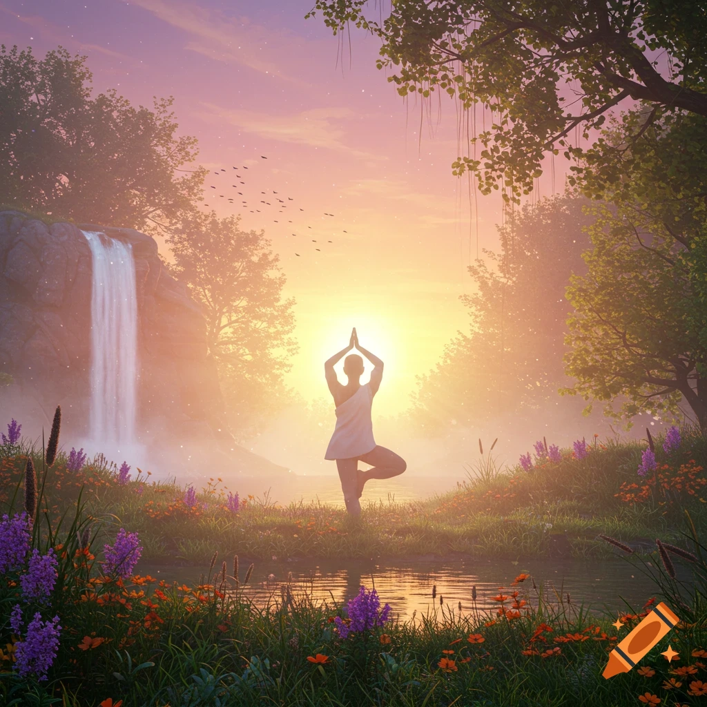 Silhouetted person in tree yoga pose at sunrise/sunset, bathed in golden light in a serene natural landscape with a waterfall and flowers.