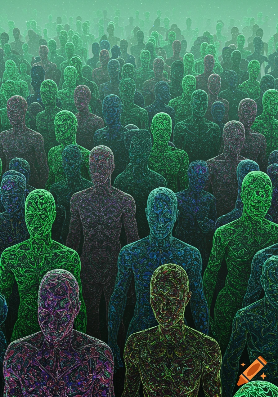 A dense crowd of stylized human figures covered in intricate green, blue, and purple fractal patterns, against a hazy green background, digital art.