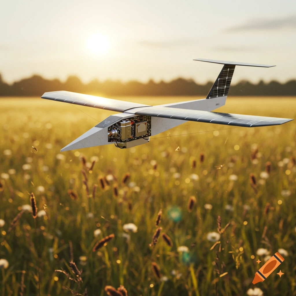 A photorealistic solar-powered drone flies over a golden field at sunset.