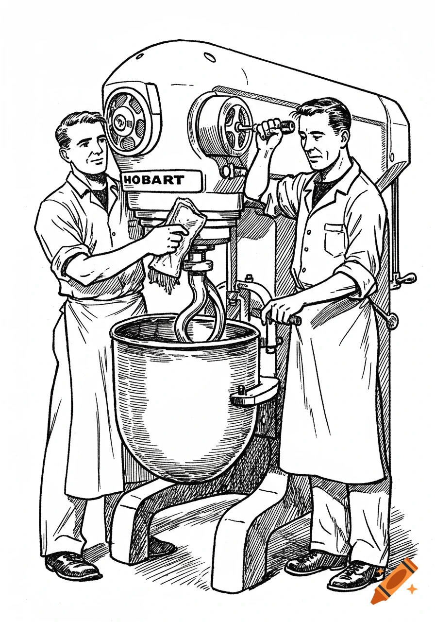 A black and white vintage illustration shows two men in aprons operating a large Hobart industrial mixer.