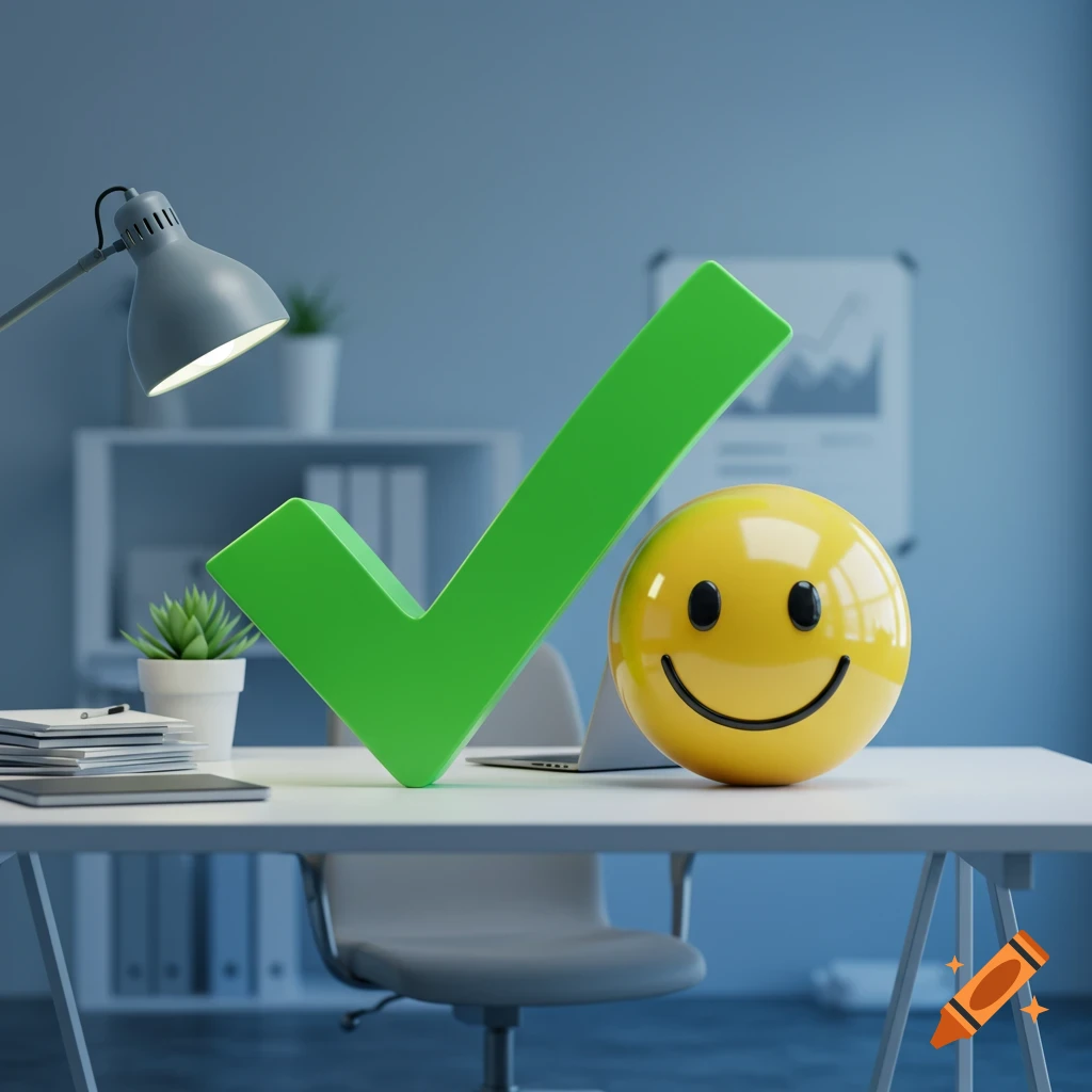 A large green checkmark and a yellow smiley face stand on a white office desk with a laptop and lamp.