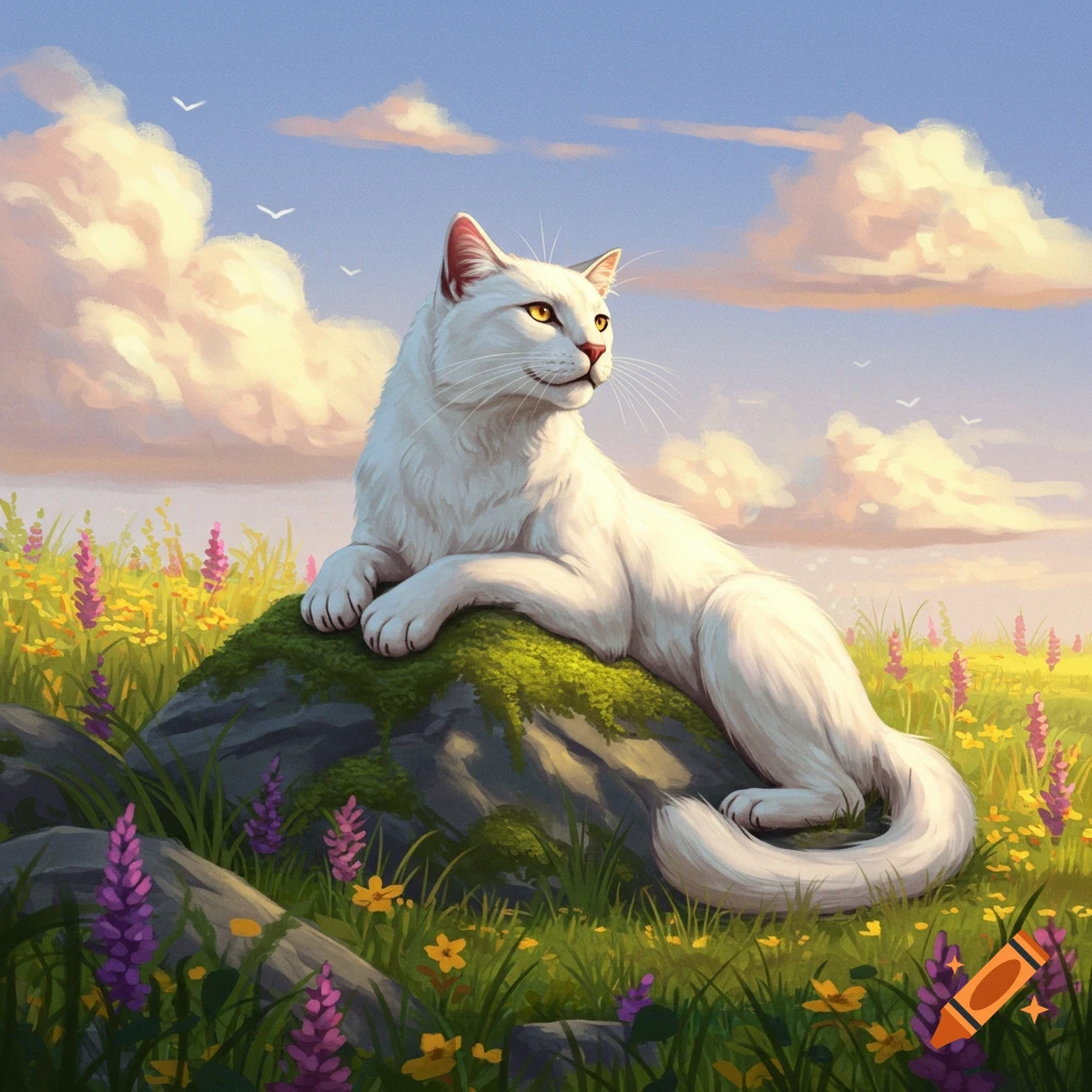 A large white cat with yellow eyes rests on a mossy rock in a vibrant field of purple and yellow wildflowers under a blue sky with fluffy clouds, painted style.