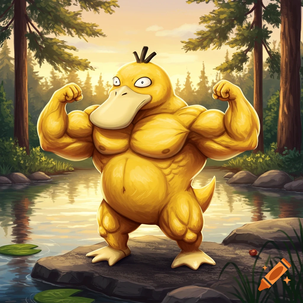 A muscular, buff Psyduck Pok amon flexing its biceps on a rock in a forest river at sunset.