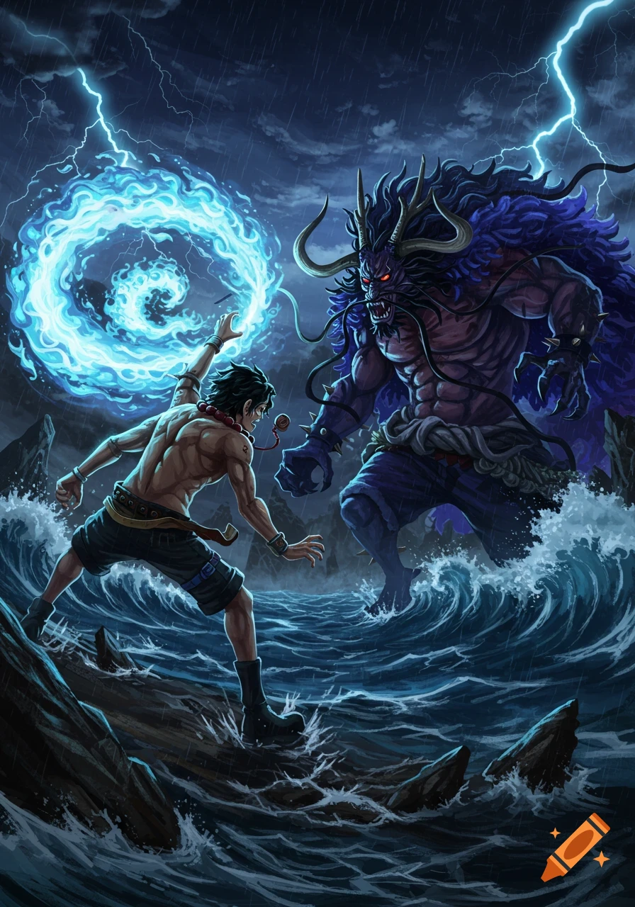 One Piece character Ace fighting Kaido with blue flames in a stormy sea with lightning, anime art style.