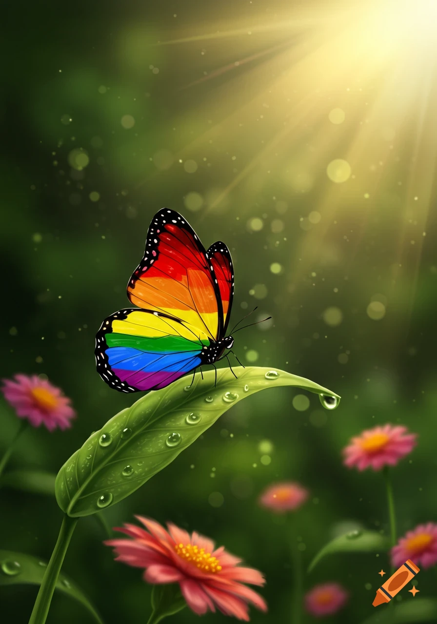 Vibrant pride flag colored butterfly on a dewy green leaf, surrounded by pink flowers and sunlit green foliage.