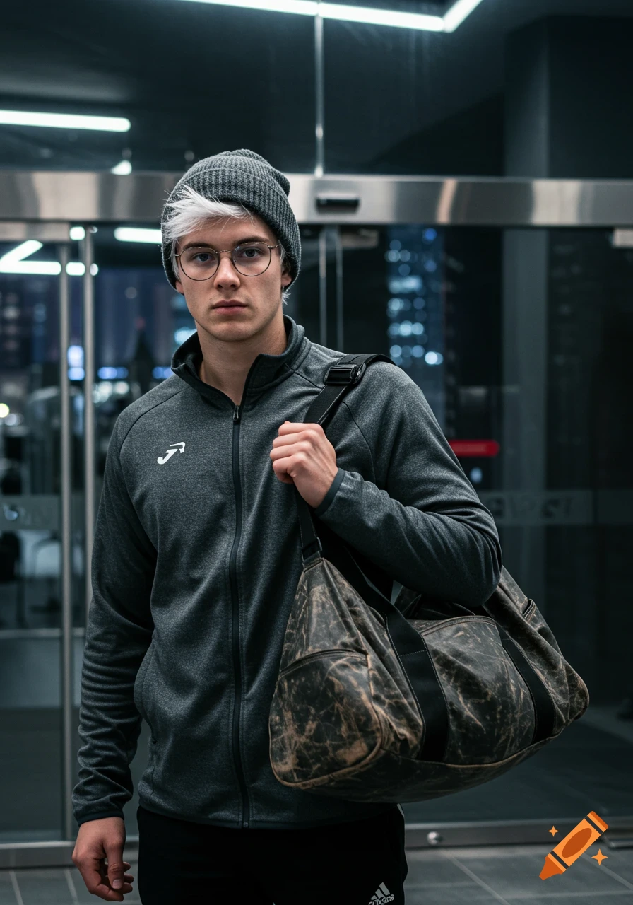A young man with white hair, glasses, and a gray beanie wears a gray zip-up jacket and carries a dark, textured gym bag over his shoulder.