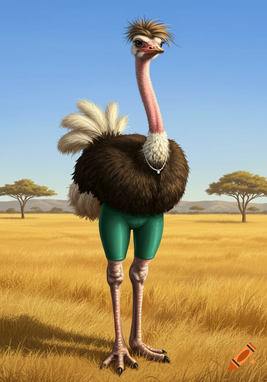 An anthropomorphic ostrich with styled hair and a silver necklace wears green shorts, standing in a golden savanna.