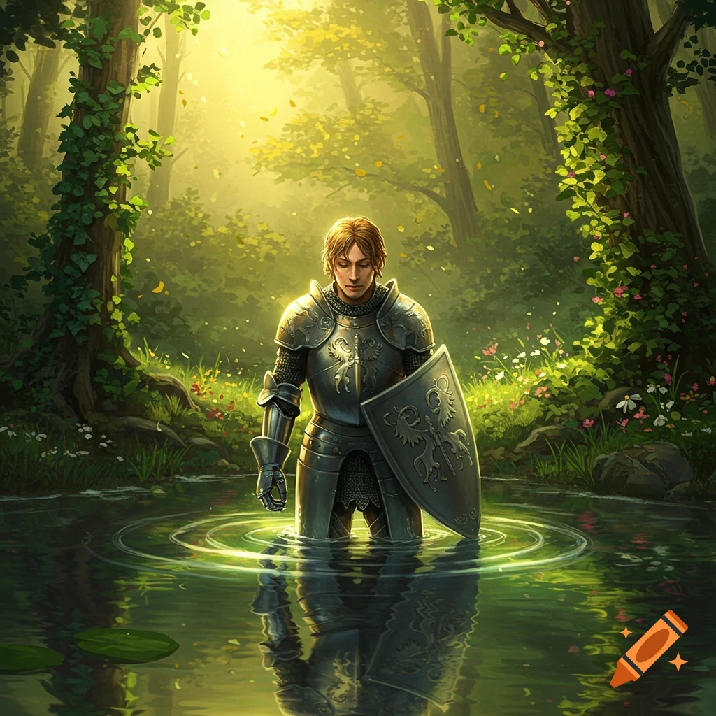 A knight in shining armor stands in a glowing forest lake, holding a shield. Digital painting.