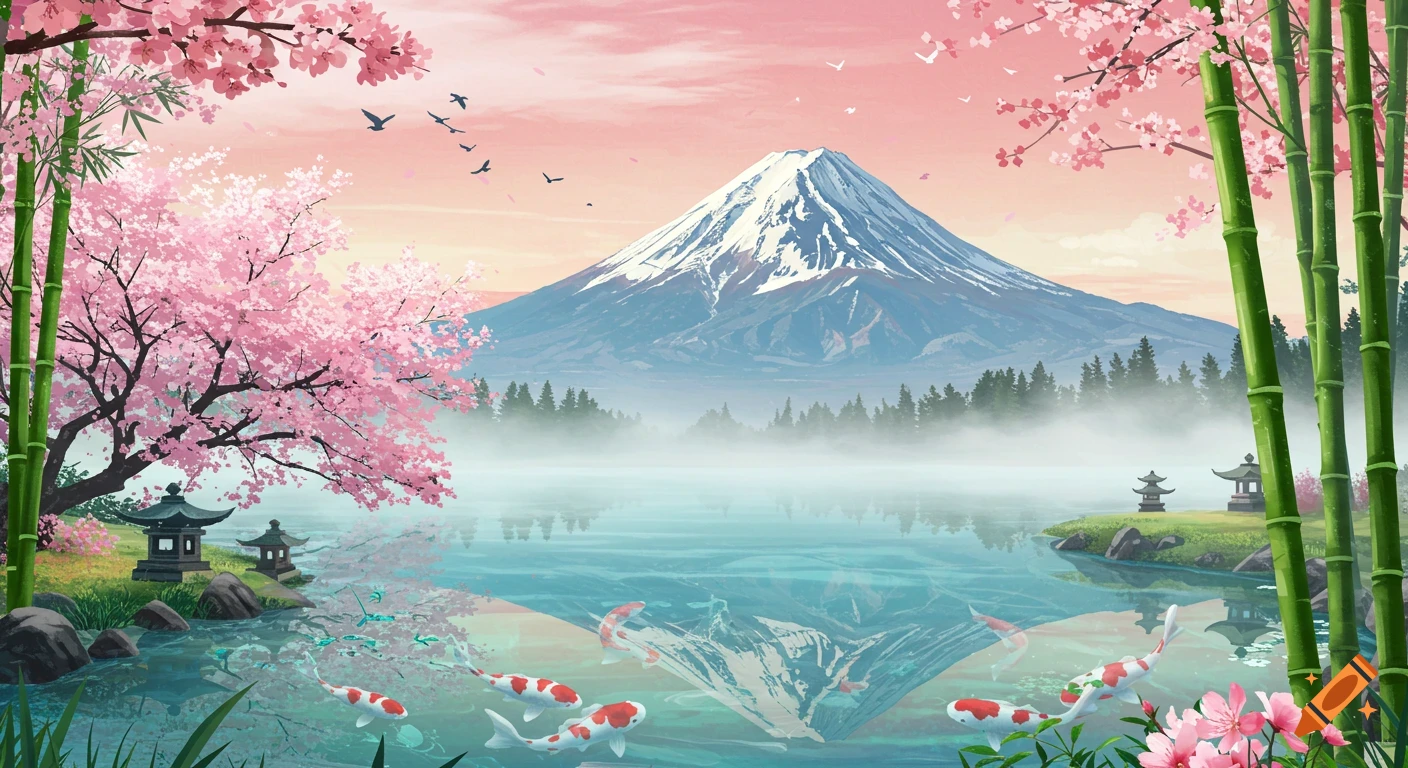 Serene Japanese landscape painting of Mount Fuji reflected in a misty lake with swimming koi fish, framed by pink cherry blossoms and green bamboo.