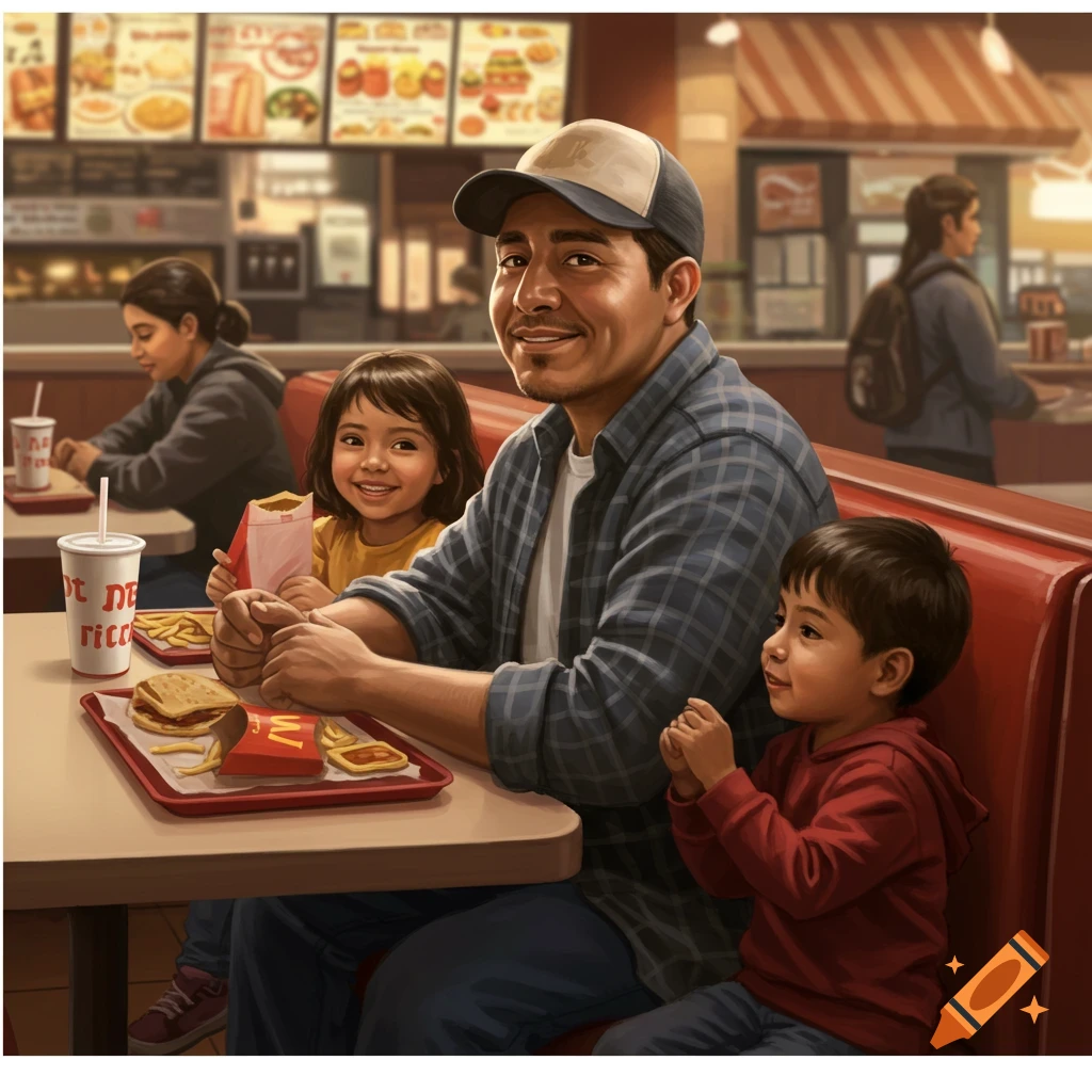 An illustration of a Latino father and his two children smiling while eating at a fast food restaurant booth.