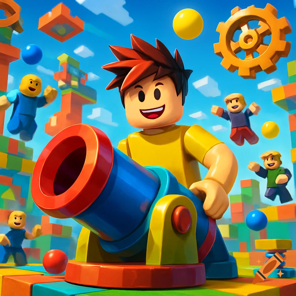 Block-style character with a cannon, surrounded by smaller block characters and colorful building blocks under a blue sky, game art.