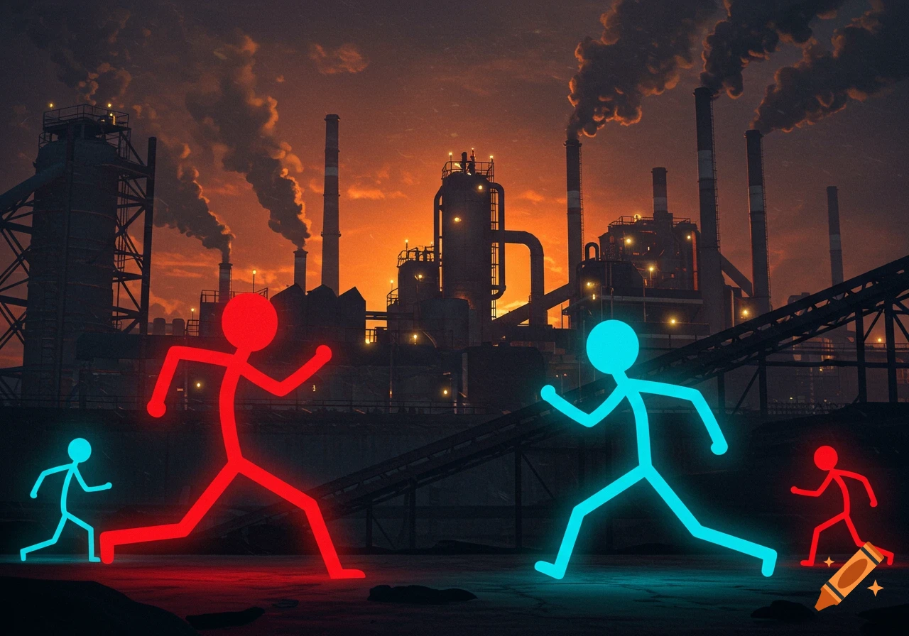Glowing red and blue stick figures race in front of a factory with smoking chimneys against an orange sky.