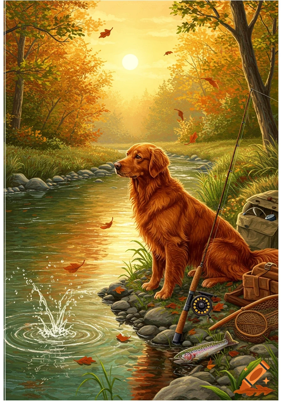 Golden retriever sits by a sunlit autumn river with a fishing rod and a trout, water splashing, in an illustrated style.
