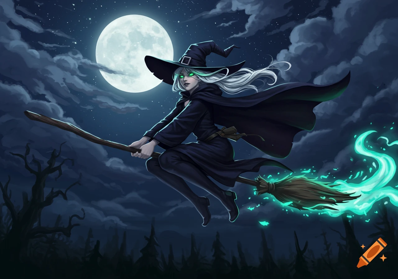 A witch with white hair and glowing green eyes flies on a broomstick under a full moon in a stylized night sky.