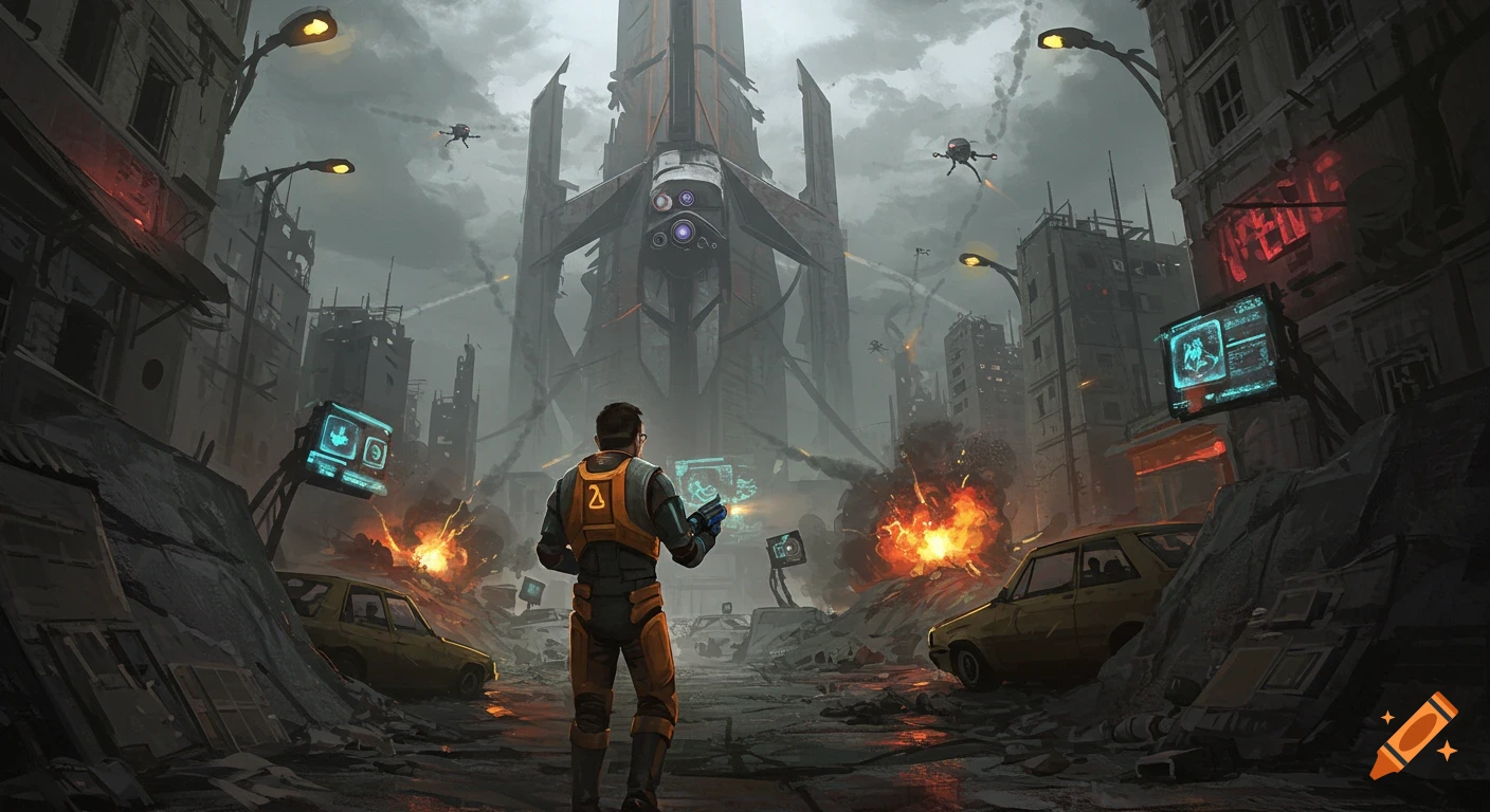 A person in an orange and grey suit stands in a war-torn city, holding a glowing blue screen, facing a towering sci-fi structure.