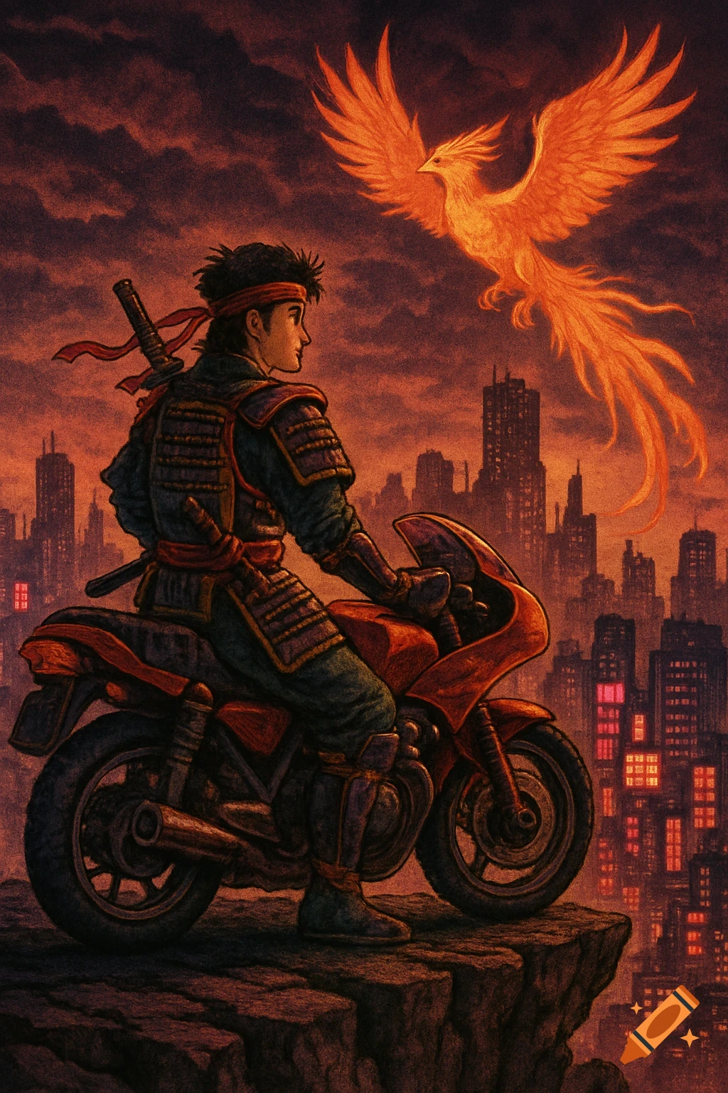 A hero in samurai armor on a motorcycle on a cliff, overlooking a city, with a fiery phoenix flying above, in 1980s Final Fantasy anime style.