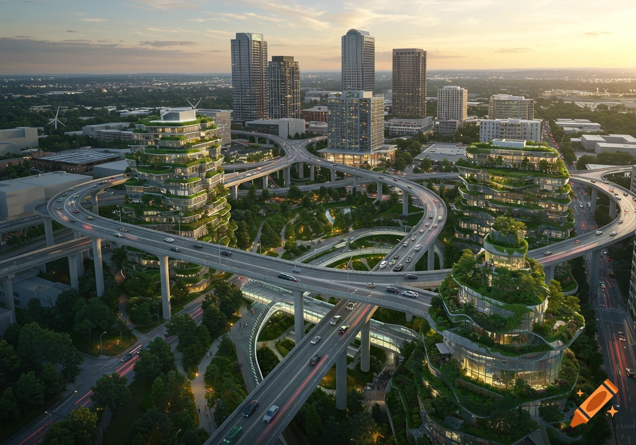 High-angle view of a futuristic city with multi-level highways, modern skyscrapers adorned with lush greenery, and electric cars at sunset.