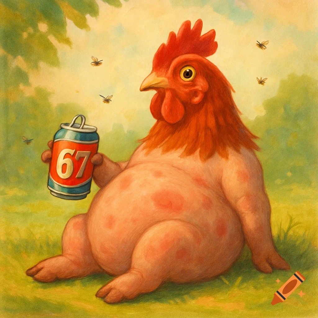 Whimsical painting of a plump, naked creature with a chicken head holding a soda can marked '67' on green grass with flies.