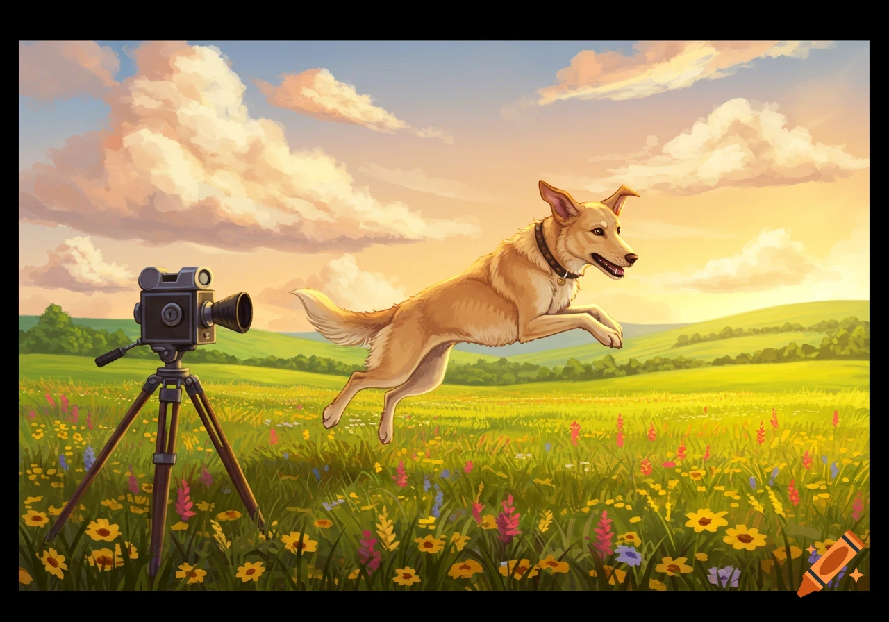 An illustrated golden-colored dog leaps over a wildflower-filled meadow at sunset, with an old-fashioned camera on a tripod.