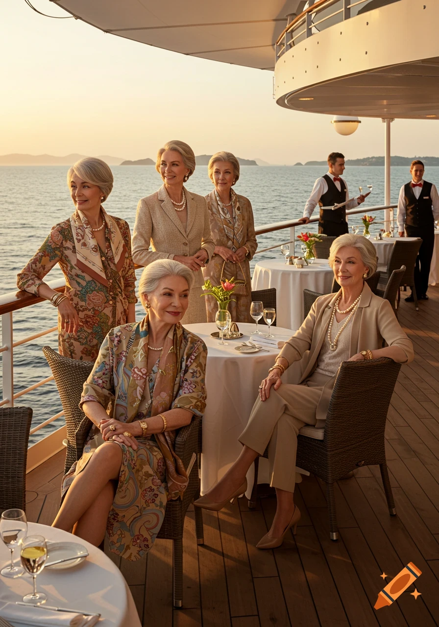 Elegant older women socialize on a cruise ship deck at sunset, with waiters serving nearby.