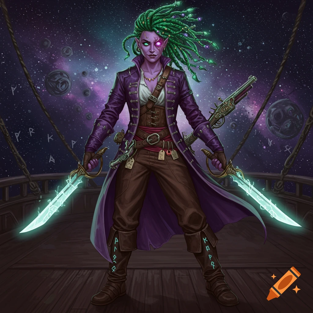 A purple-skinned female space pirate with green dreadlocks, wearing a purple coat and brown pants, holding glowing sabers on a starship deck against a cosmic background.