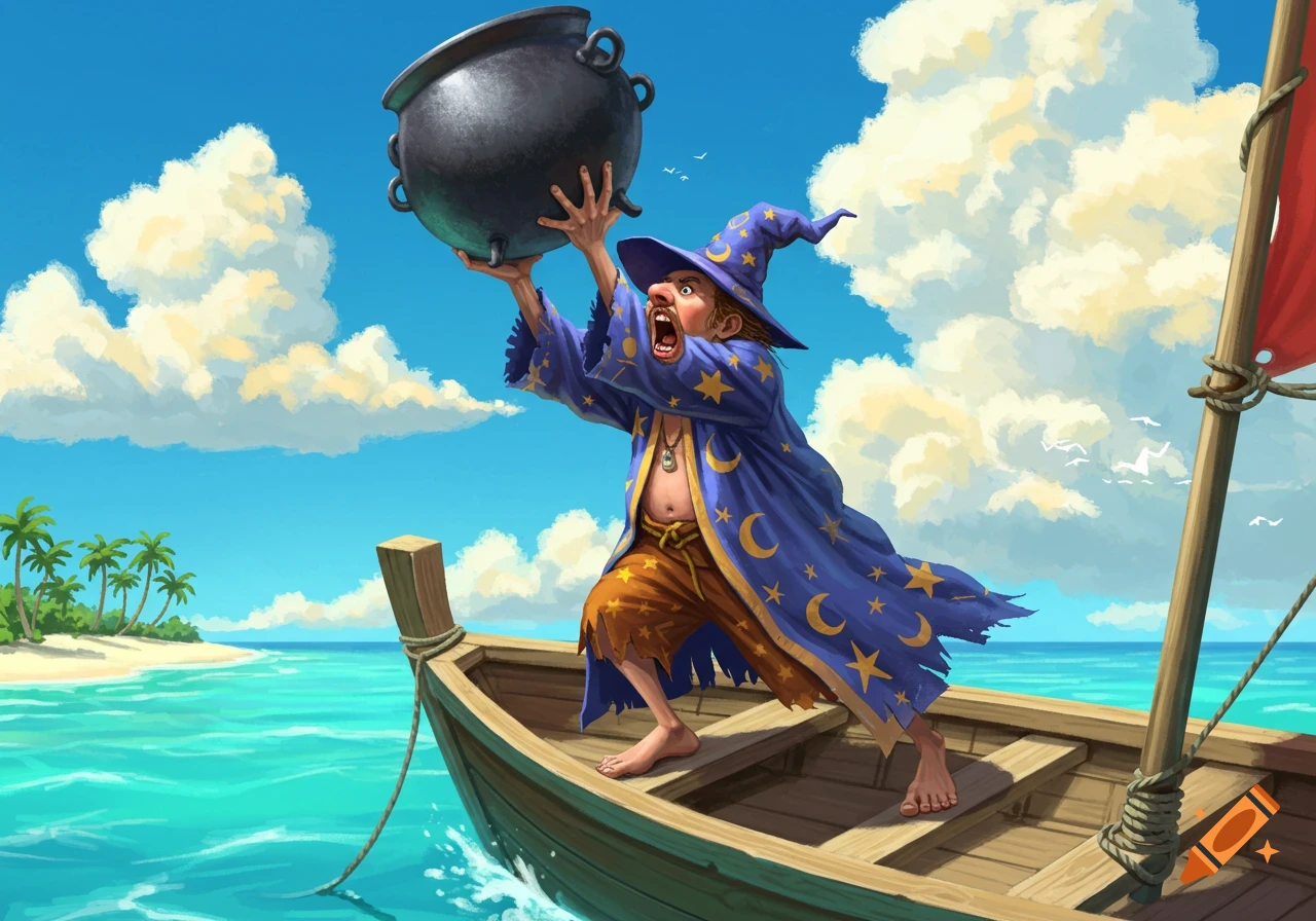 A cartoon wizard in a blue robe shouts, heaving a cauldron from a boat in tropical waters near a palm tree island.