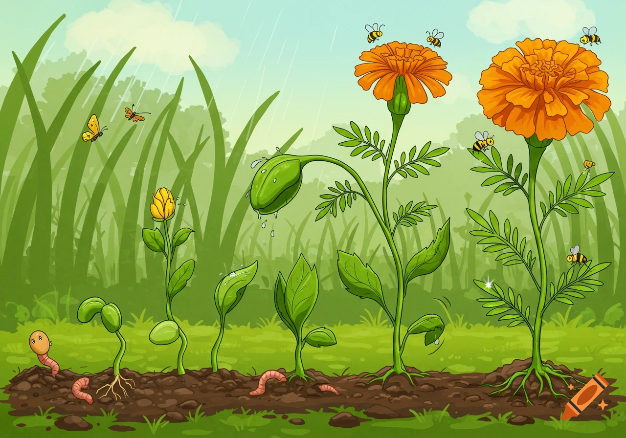 Cartoon illustration depicting the growth stages of a marigold plant from seed to flower, with worms, bees, and butterflies in a garden.