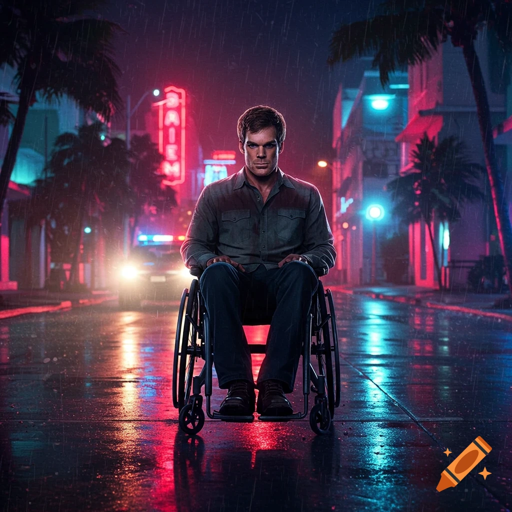 Michael C. Hall as Dexter Morgan sits in a wheelchair on a rainy, neon-lit city street at night, looking intensely forward. A police car is in the background.